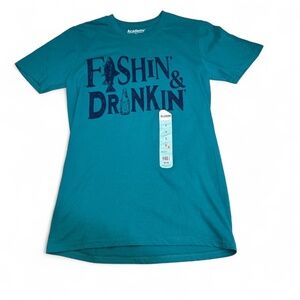 NWT Academy Fishing Shirt S Mens Aqua Tee Fishin’ & Drinkin Fish Outdoors